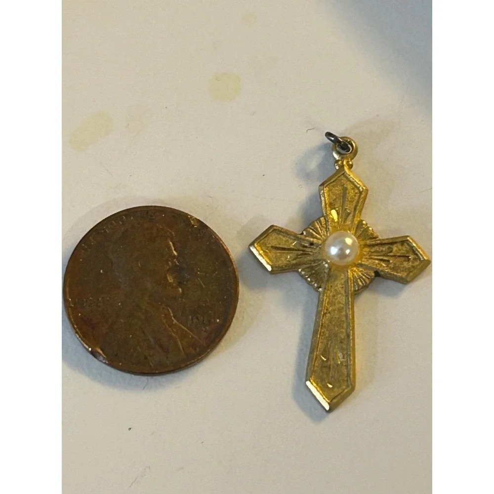 Vtg Gold Plated over Sterling Silver 925 Stamped Auth. Pearl CROSS Pendant 1 1/4